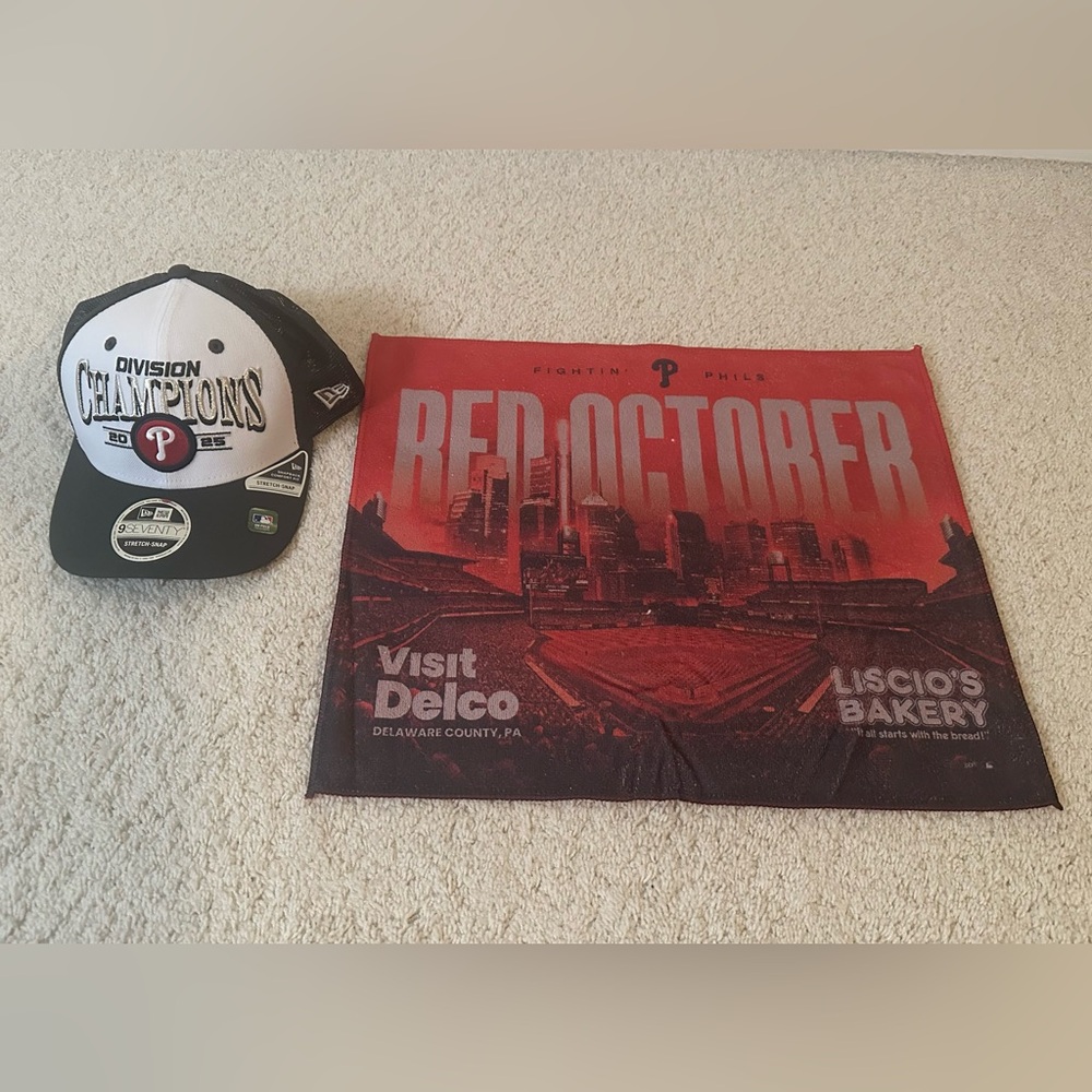 2025 Phillies Post Season Lot - New Era Division Champ Cap & Red October Towel